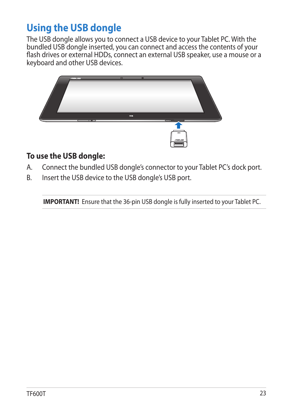 Using the usb dongle | Asus VivoTab RT User Manual | Page 23 / 78