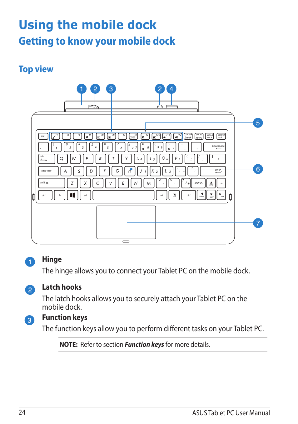 Using the mobile dock, Getting to know your mobile dock, Top view | Asus tablet pc user manual | Asus VivoTab RT User Manual | Page 24 / 78