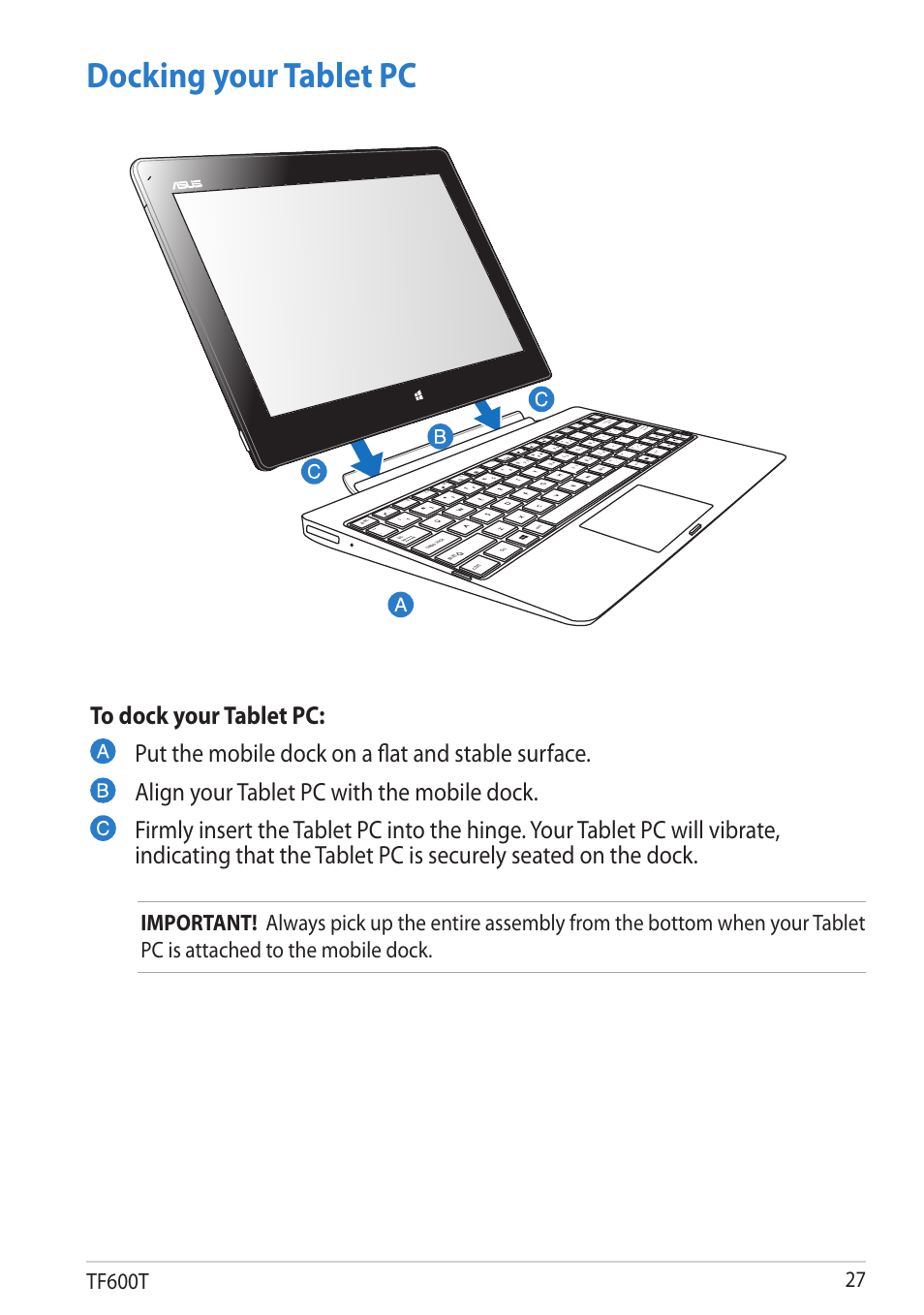 Docking your tablet pc, Tf600t, Scr lk | Num l k, Pgdn pgup hom e end fn | Asus VivoTab RT User Manual | Page 27 / 78