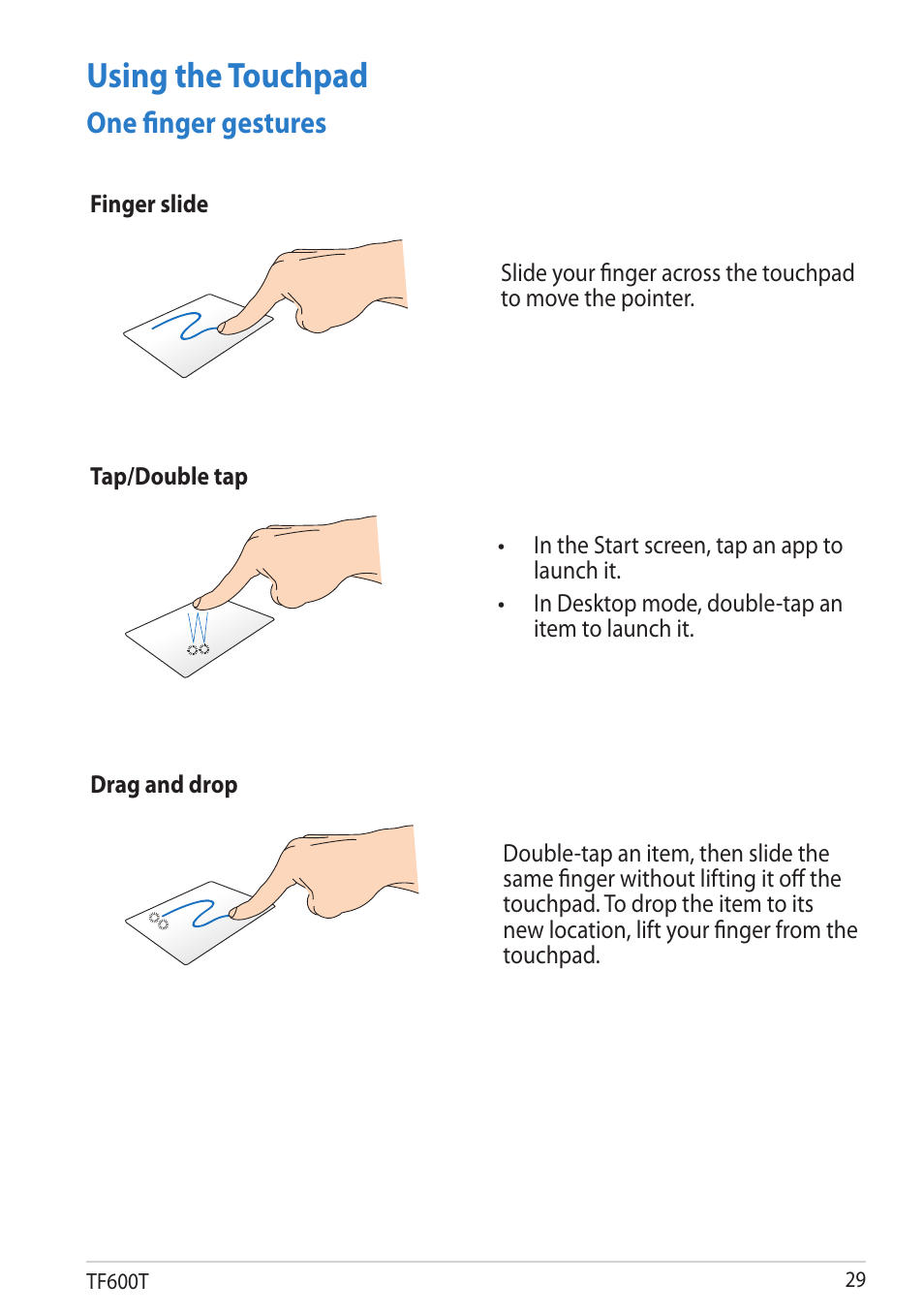 Using the touchpad, One finger gestures | Asus VivoTab RT User Manual | Page 29 / 78