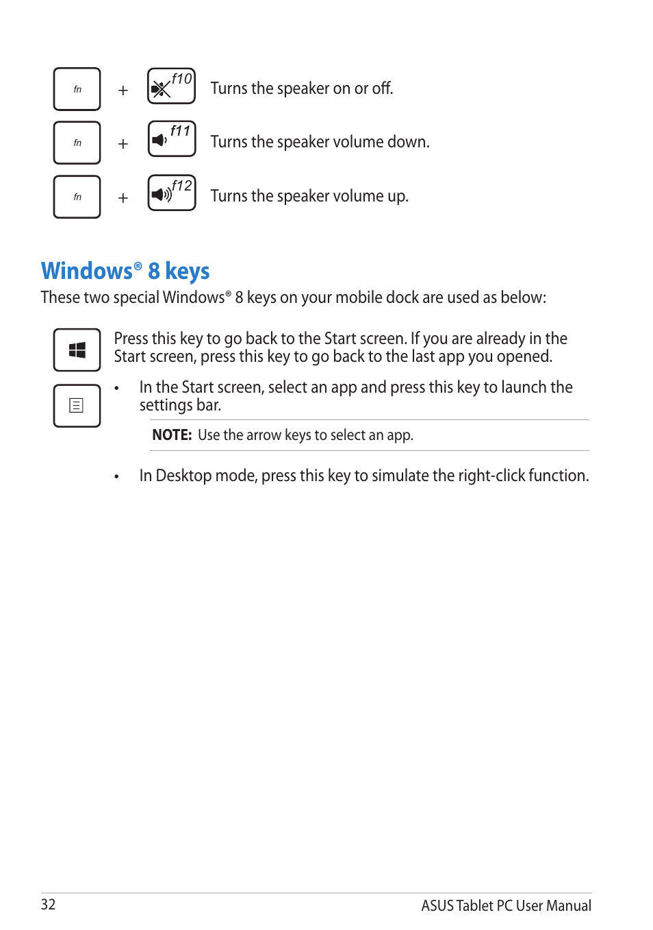 Windows® 8 keys | Asus VivoTab RT User Manual | Page 32 / 78