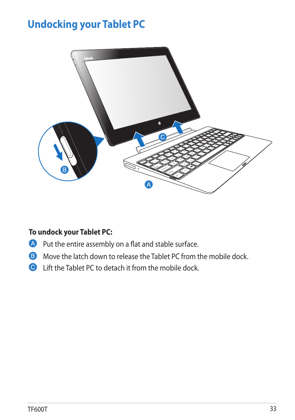 Undocking your tablet pc, Tf600t, Scr lk | Num l k, Pgd n pgup hom e end fn | Asus VivoTab RT User Manual | Page 33 / 78