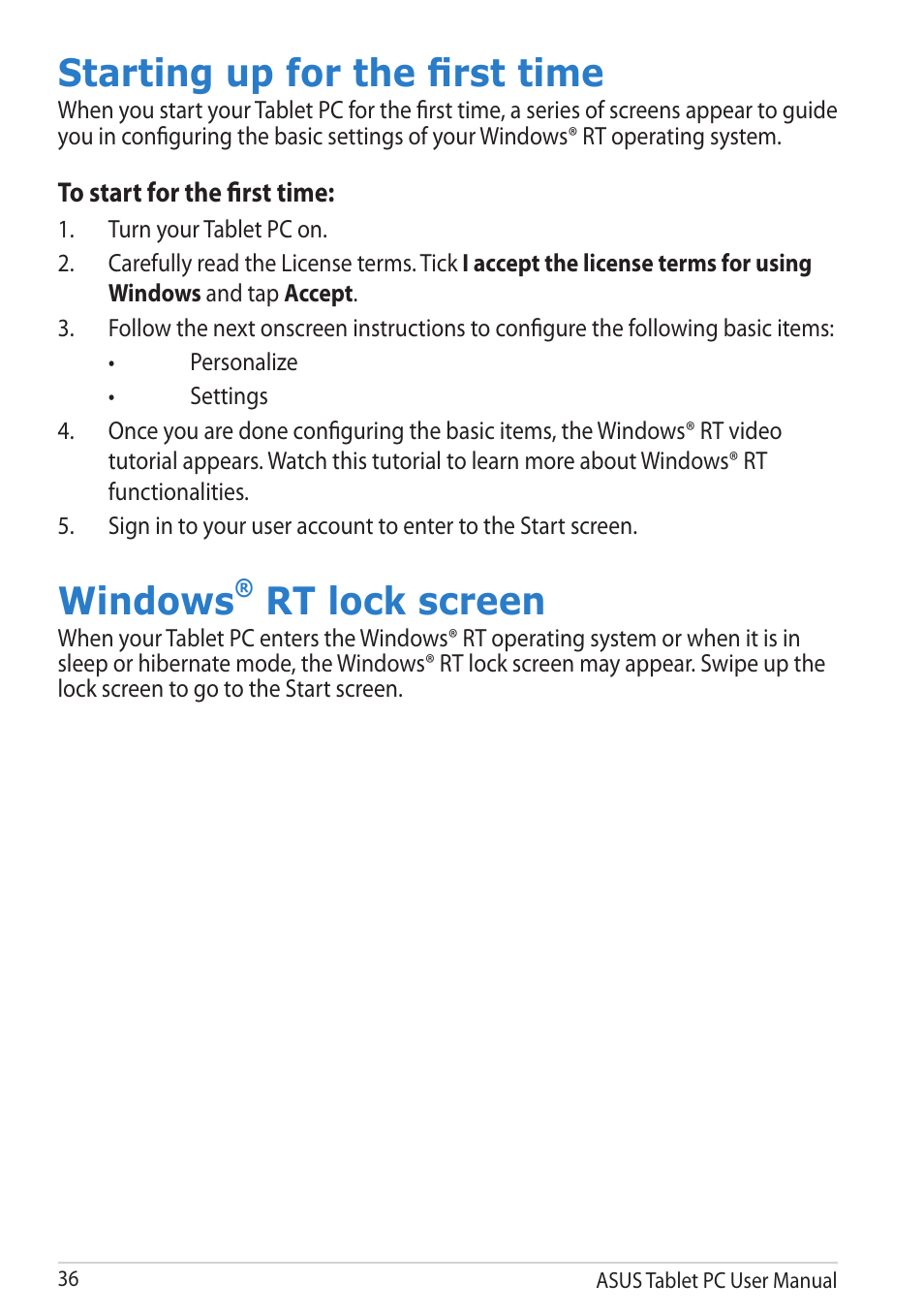 Starting up for the first time, Windows® rt lock screen, Starting up for the first time windows | Rt lock screen, Windows | Asus VivoTab RT User Manual | Page 36 / 78