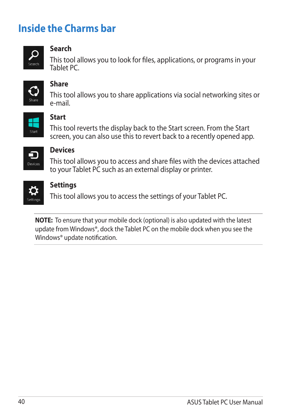 Inside the charm bar, Inside the charms bar | Asus VivoTab RT User Manual | Page 40 / 78