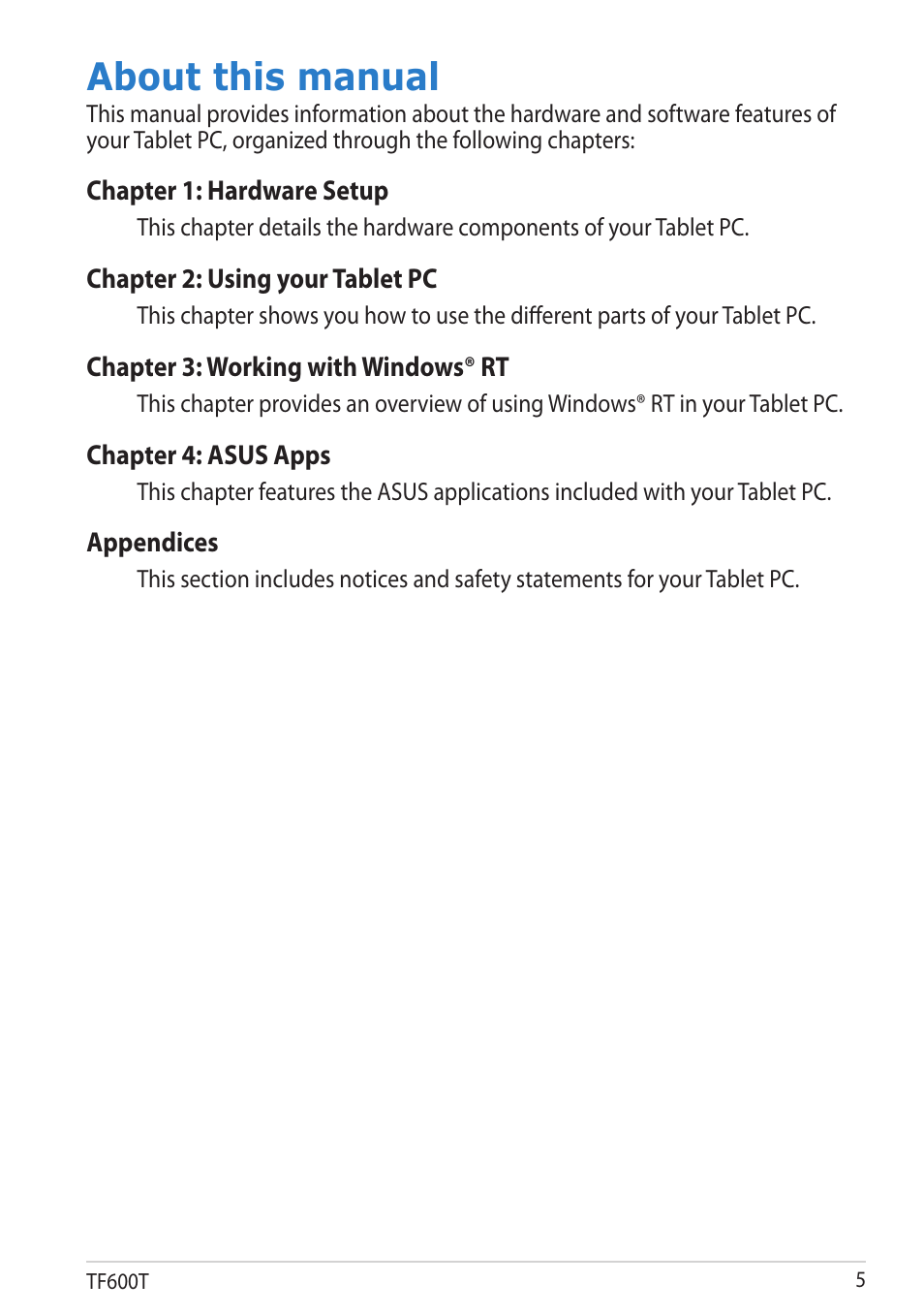 About this manual | Asus VivoTab RT User Manual | Page 5 / 78