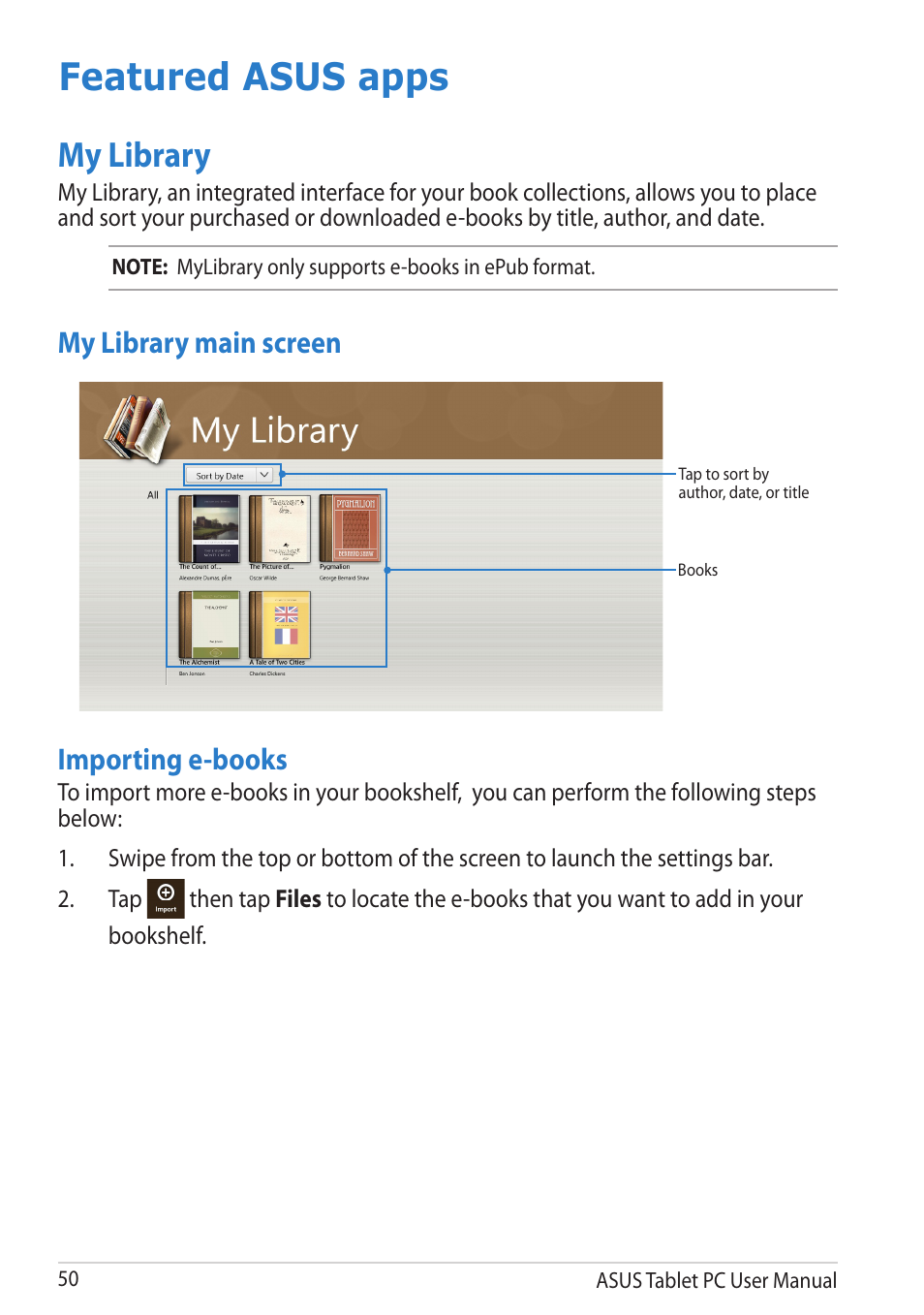 Featured asus apps, My library, Importing e-books | My library main screen | Asus VivoTab RT User Manual | Page 50 / 78