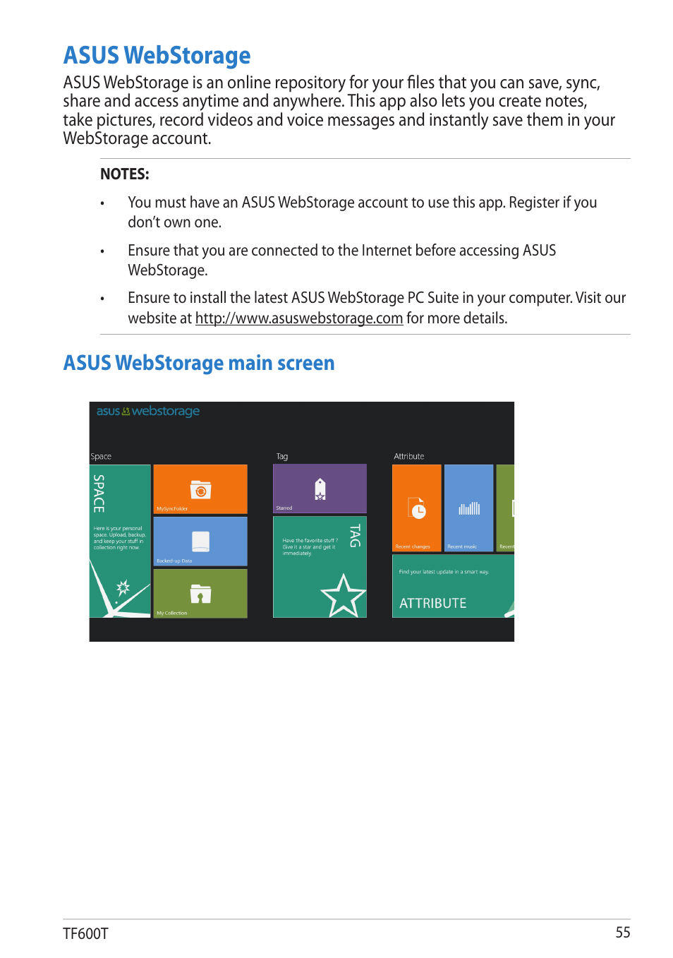 Asus webstorage, Asus webstorage main screen | Asus VivoTab RT User Manual | Page 55 / 78