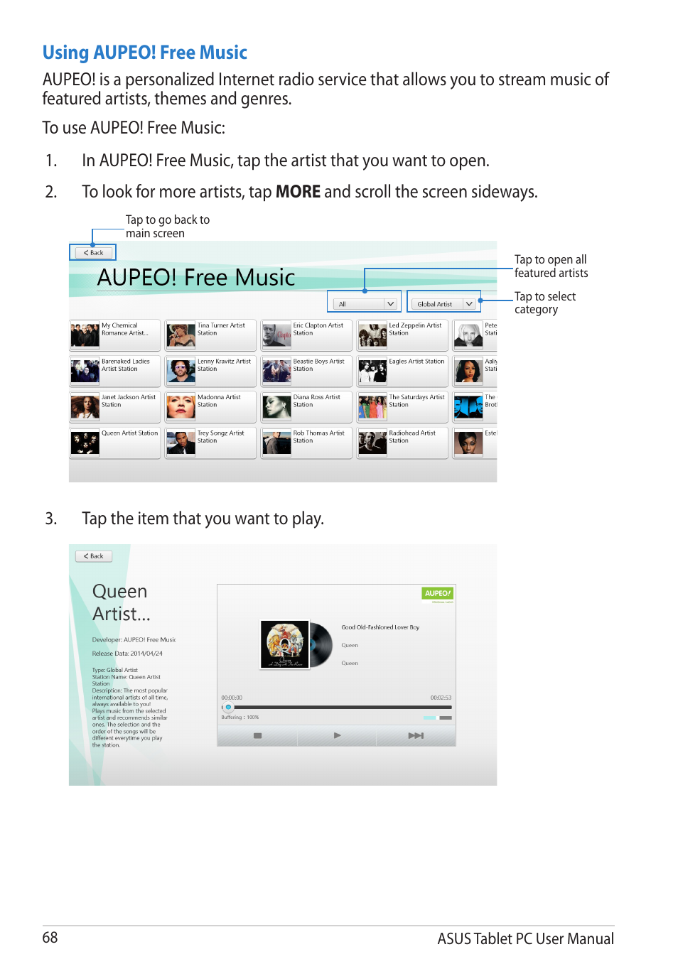 Using aupeo! free music | Asus VivoTab RT User Manual | Page 68 / 78