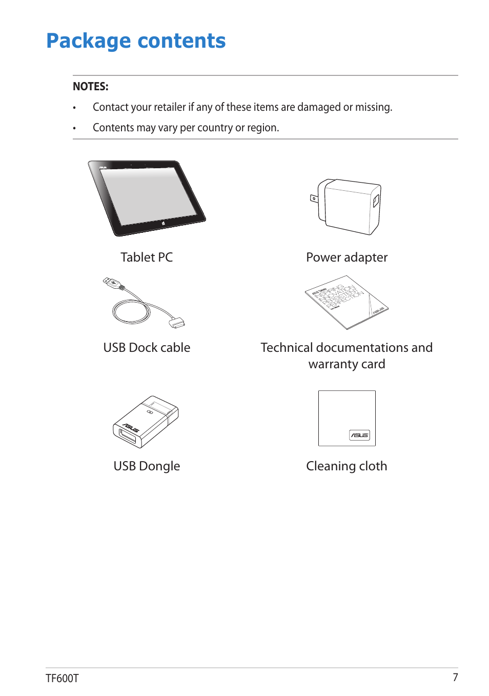 Package contents | Asus VivoTab RT User Manual | Page 7 / 78