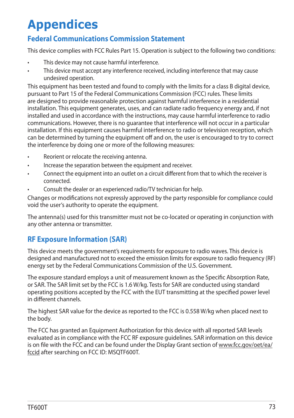 Appendices, Federal communications commission statement, Rf exposure information (sar) | Asus VivoTab RT User Manual | Page 73 / 78