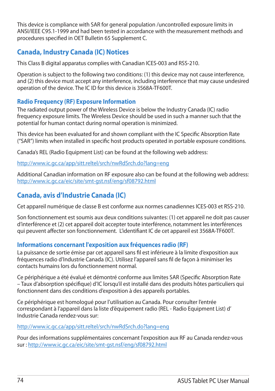 Canada, industry canada (ic) notices, Canada, avis d’industrie canada (ic) | Asus VivoTab RT User Manual | Page 74 / 78