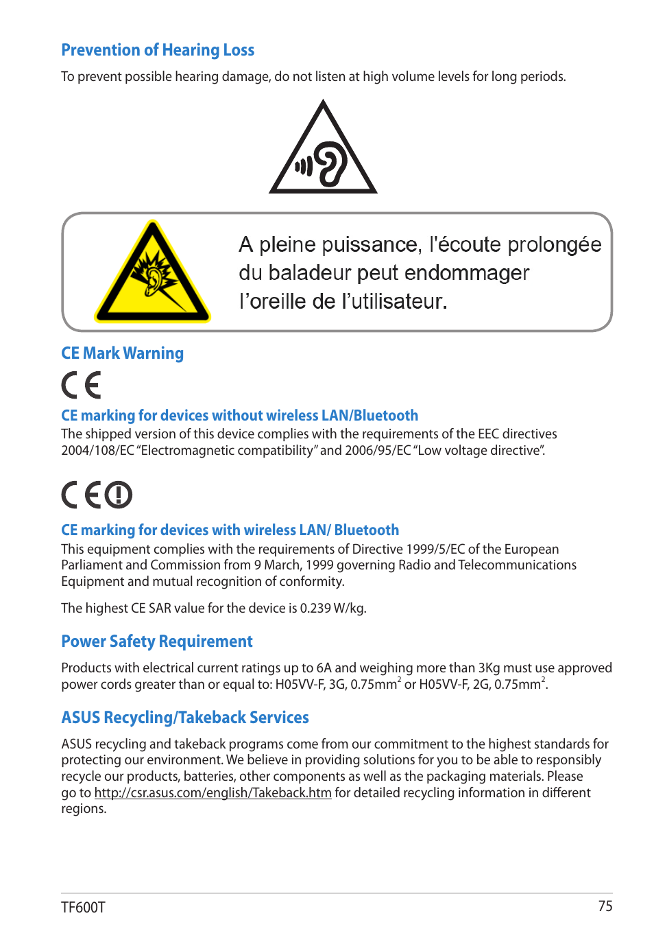 Prevention of hearing loss, Ce mark warning, Power safety requirement | Asus recycling/takeback services | Asus VivoTab RT User Manual | Page 75 / 78