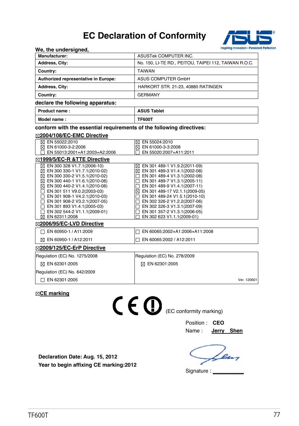 Ec declaration of conformity, Tf600t | Asus VivoTab RT User Manual | Page 77 / 78