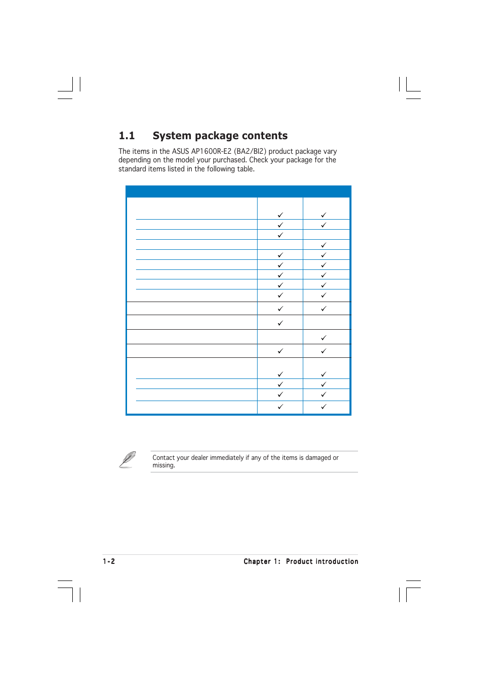 1 system package contents | Asus AP1600R-E2(BI2) User Manual | Page 12 / 140