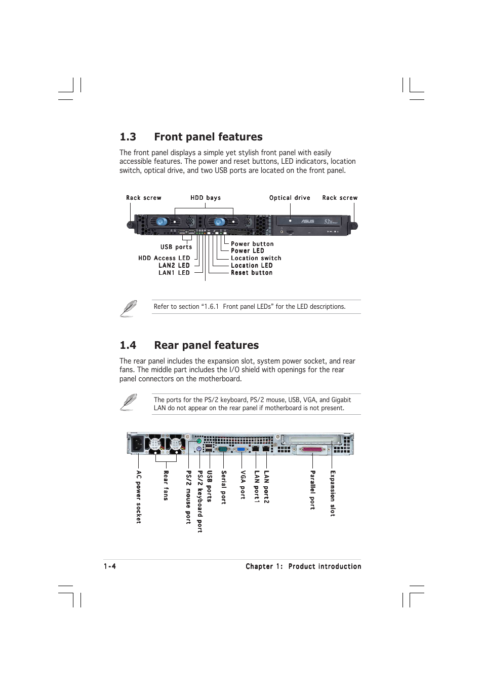4 rear panel features, 3 front panel features | Asus AP1600R-E2(BI2) User Manual | Page 14 / 140
