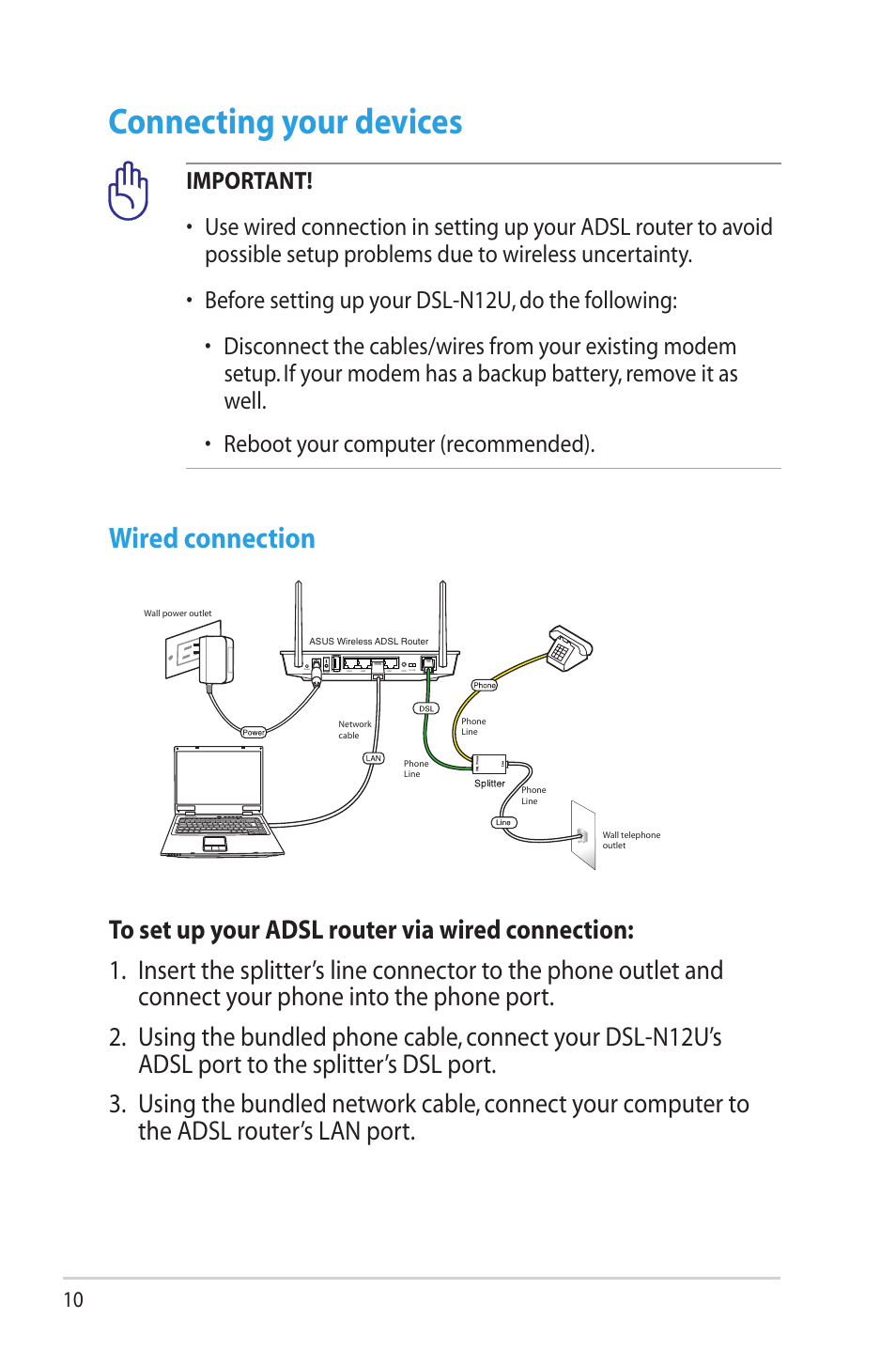 Connecting your devices, Wired connection | Asus DSL-N12U (VER.B1) User Manual | Page 10 / 60