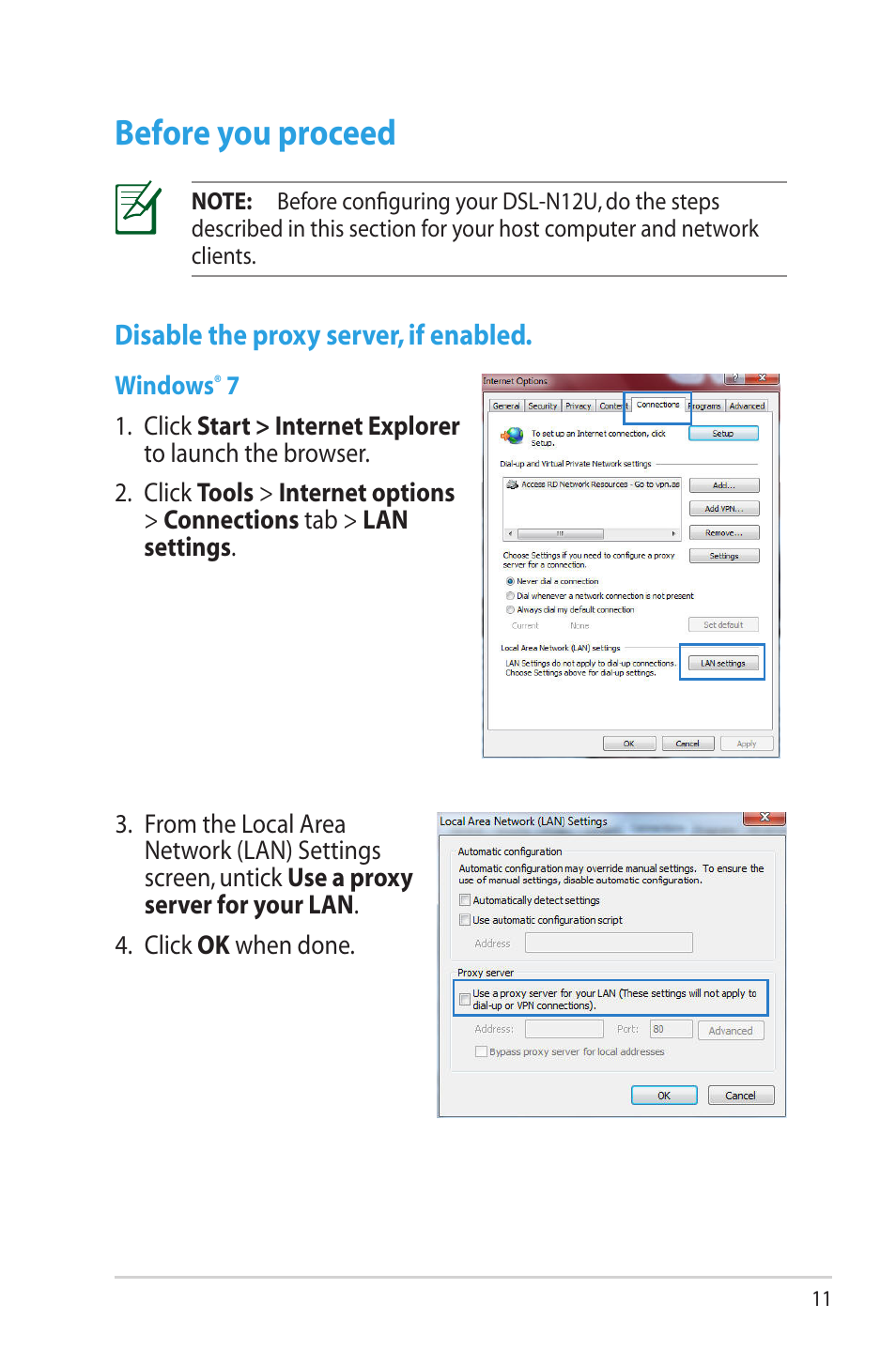 Before you proceed, Disable the proxy server, if enabled | Asus DSL-N12U (VER.B1) User Manual | Page 11 / 60