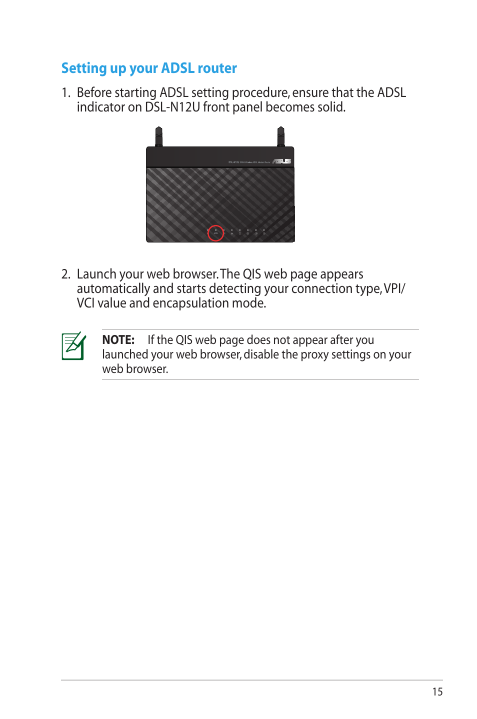 Setting up your adsl router | Asus DSL-N12U (VER.B1) User Manual | Page 15 / 60