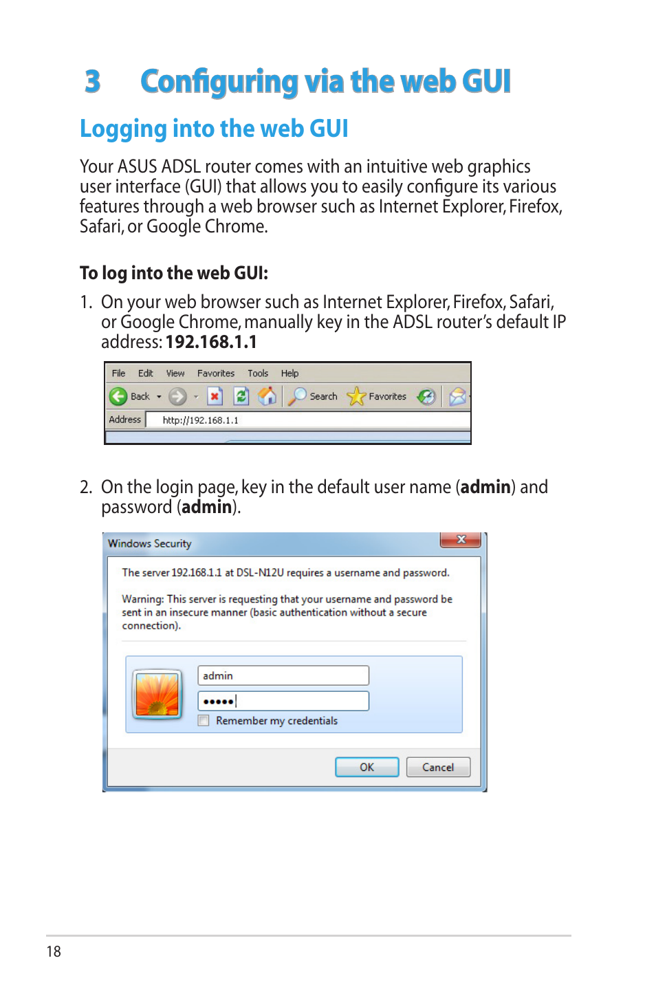 3 configuring via the web gui, Logging into the web gui | Asus DSL-N12U (VER.B1) User Manual | Page 18 / 60