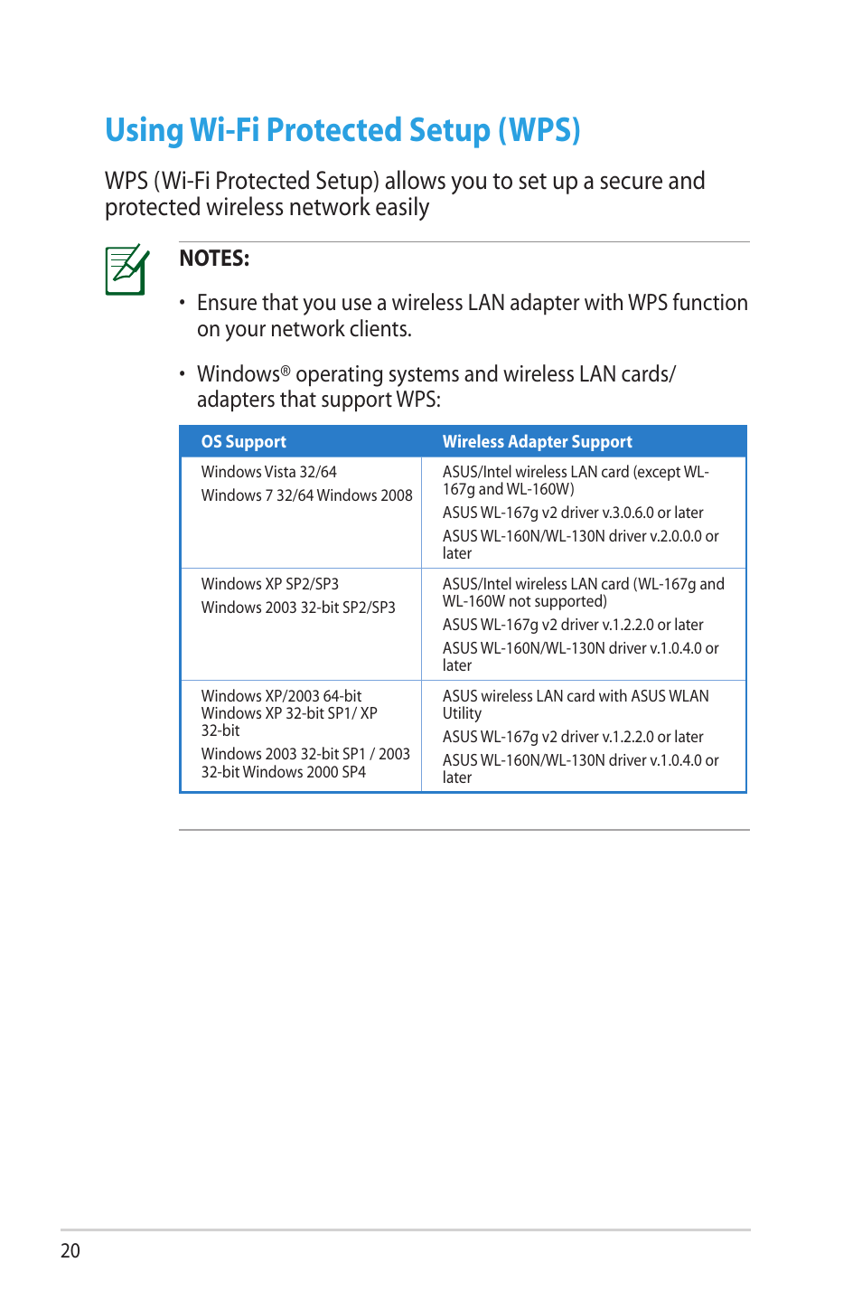 Using wi-fi protected setup (wps) | Asus DSL-N12U (VER.B1) User Manual | Page 20 / 60