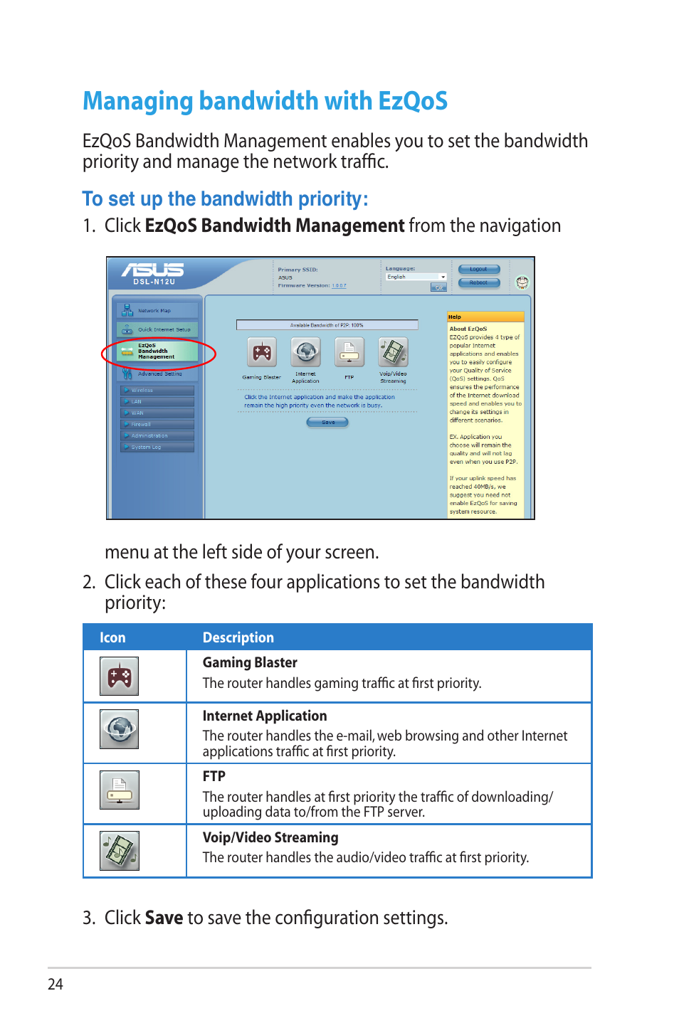 Managing bandwidth with ezqos | Asus DSL-N12U (VER.B1) User Manual | Page 24 / 60