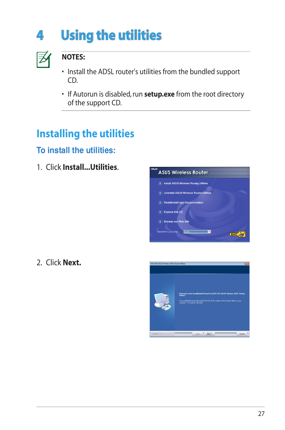 4 using the utilities, Installing the utilities, To install the utilities | Asus DSL-N12U (VER.B1) User Manual | Page 27 / 60