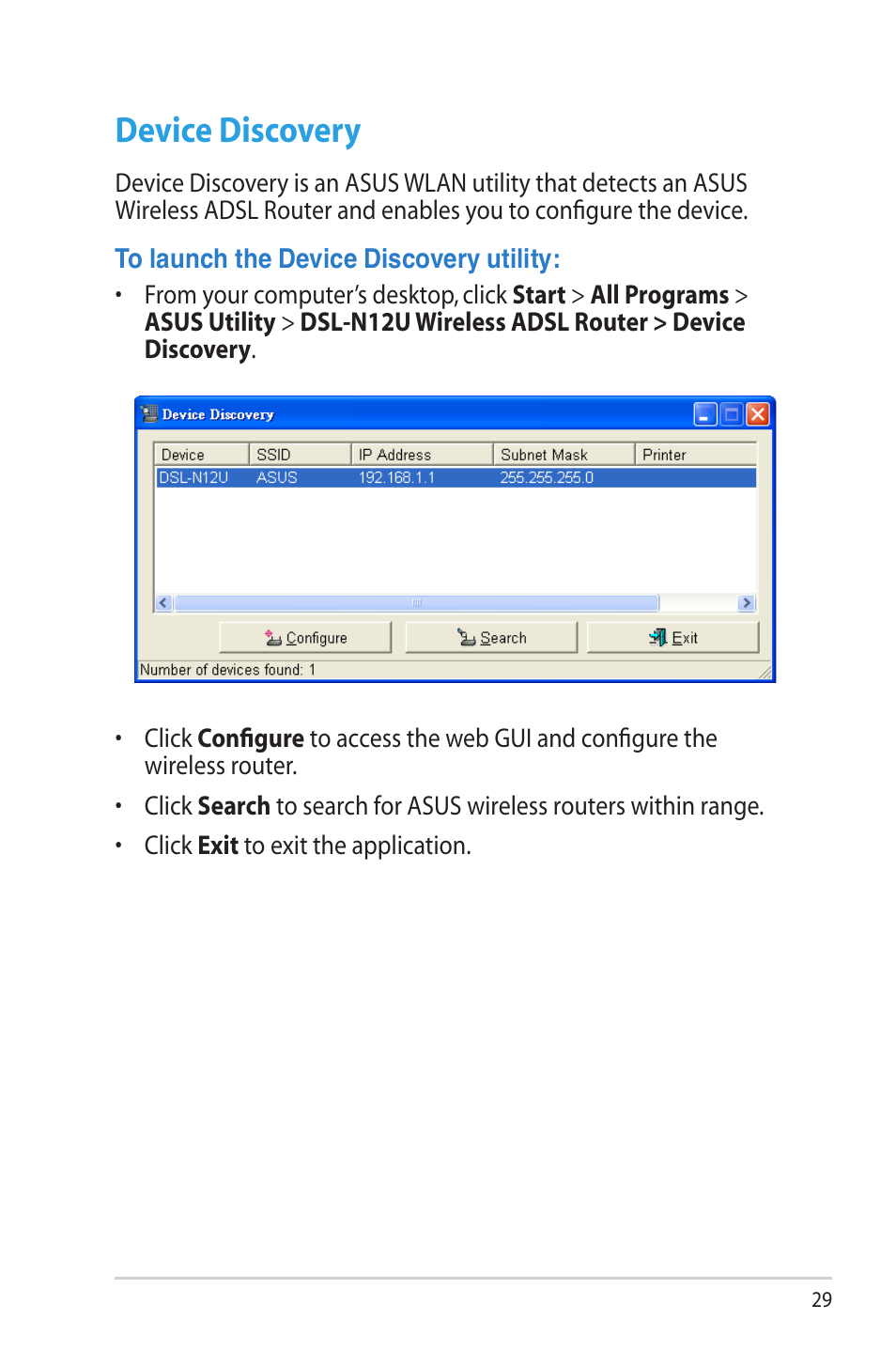 Device discovery | Asus DSL-N12U (VER.B1) User Manual | Page 29 / 60