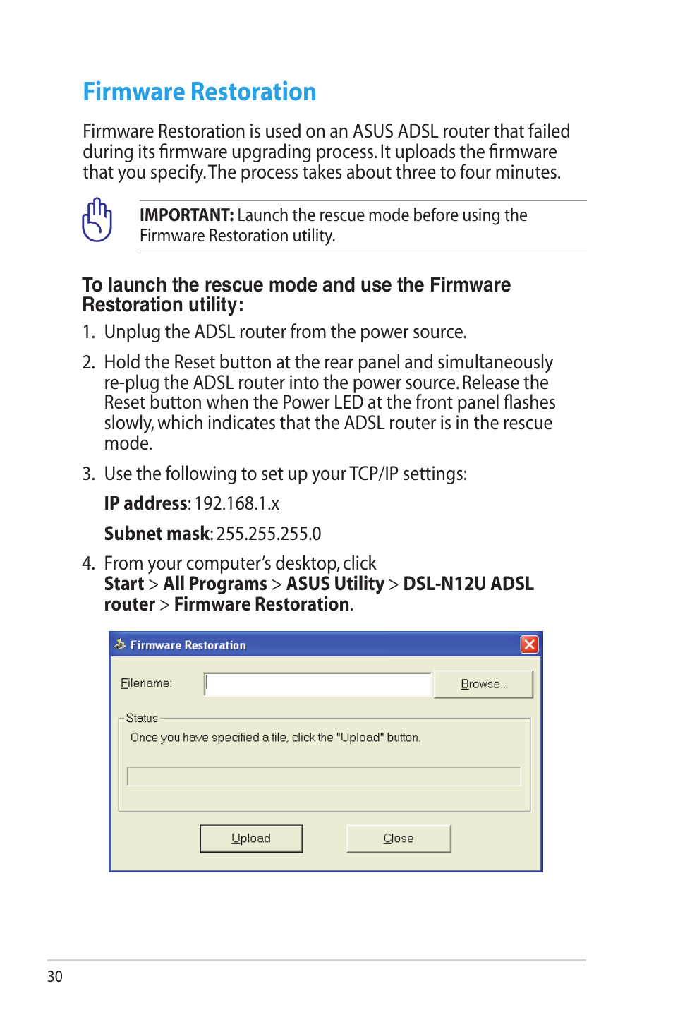 Firmware restoration | Asus DSL-N12U (VER.B1) User Manual | Page 30 / 60
