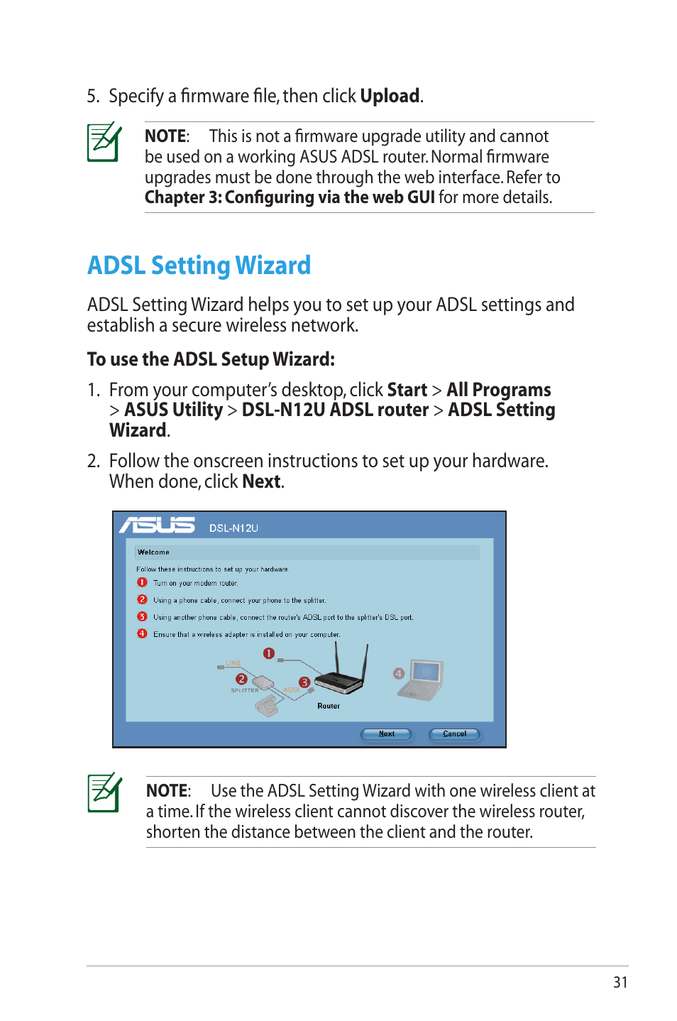 Adsl setting wizard | Asus DSL-N12U (VER.B1) User Manual | Page 31 / 60