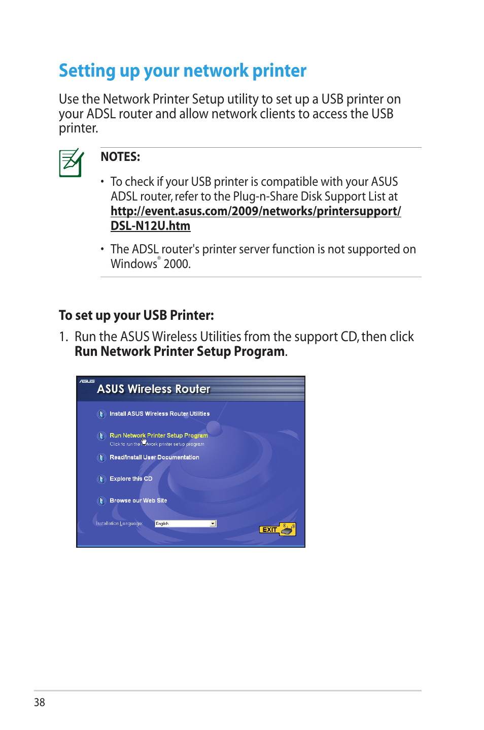 Setting up your network printer | Asus DSL-N12U (VER.B1) User Manual | Page 38 / 60