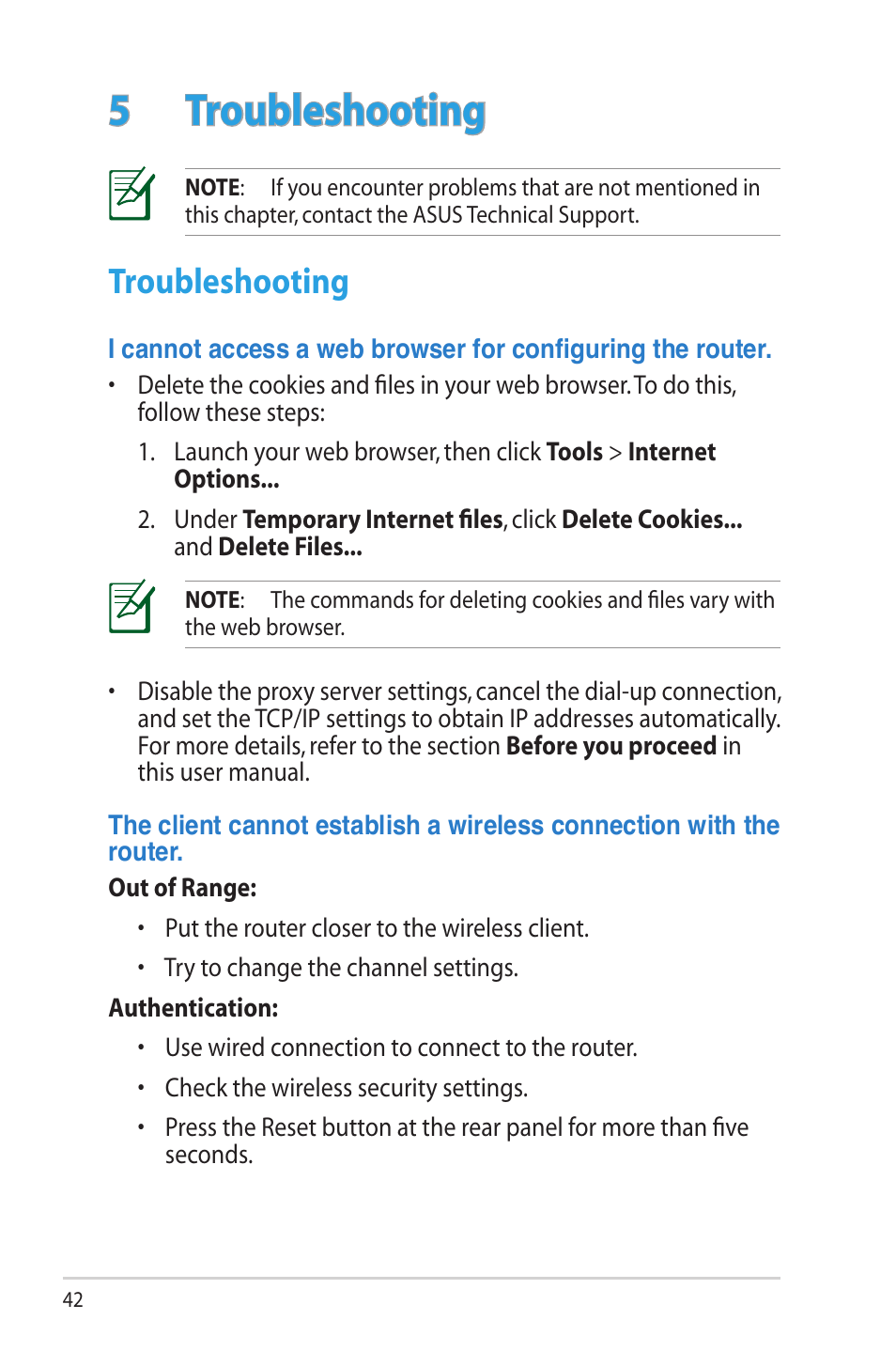 5 troubleshooting, Troubleshooting | Asus DSL-N12U (VER.B1) User Manual | Page 42 / 60