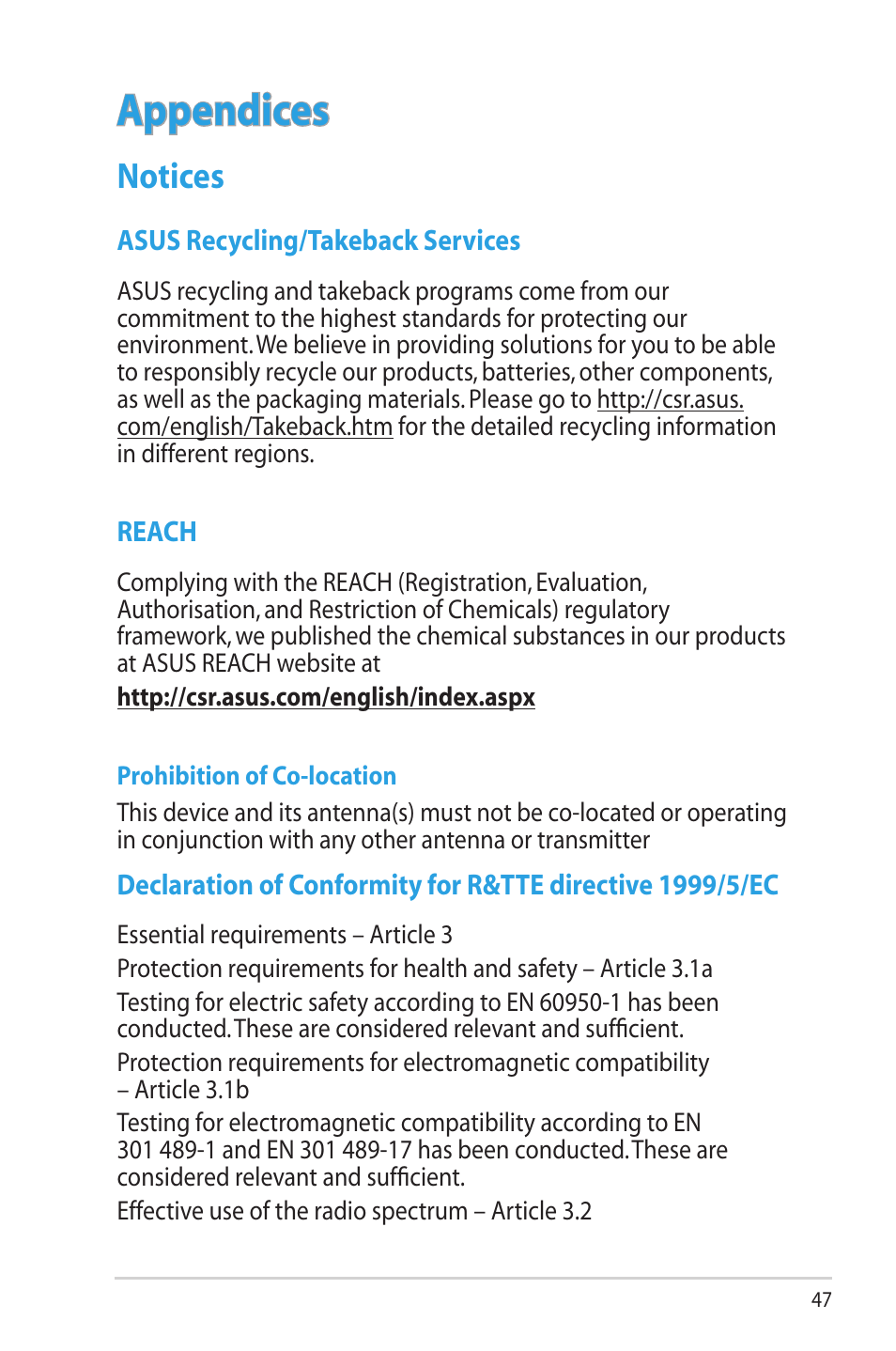 Appendices, Notices | Asus DSL-N12U (VER.B1) User Manual | Page 47 / 60