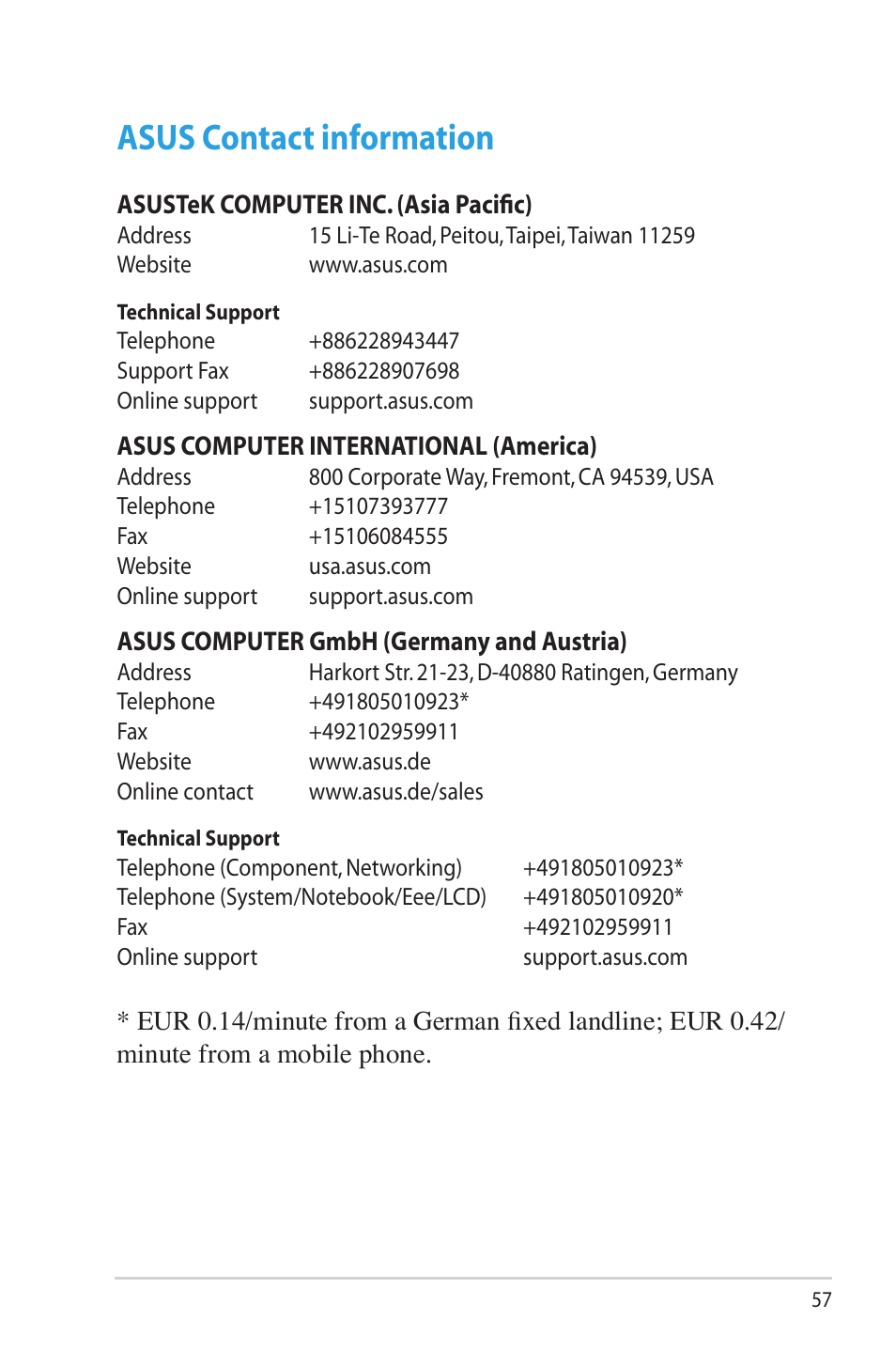 Asus contact information | Asus DSL-N12U (VER.B1) User Manual | Page 57 / 60