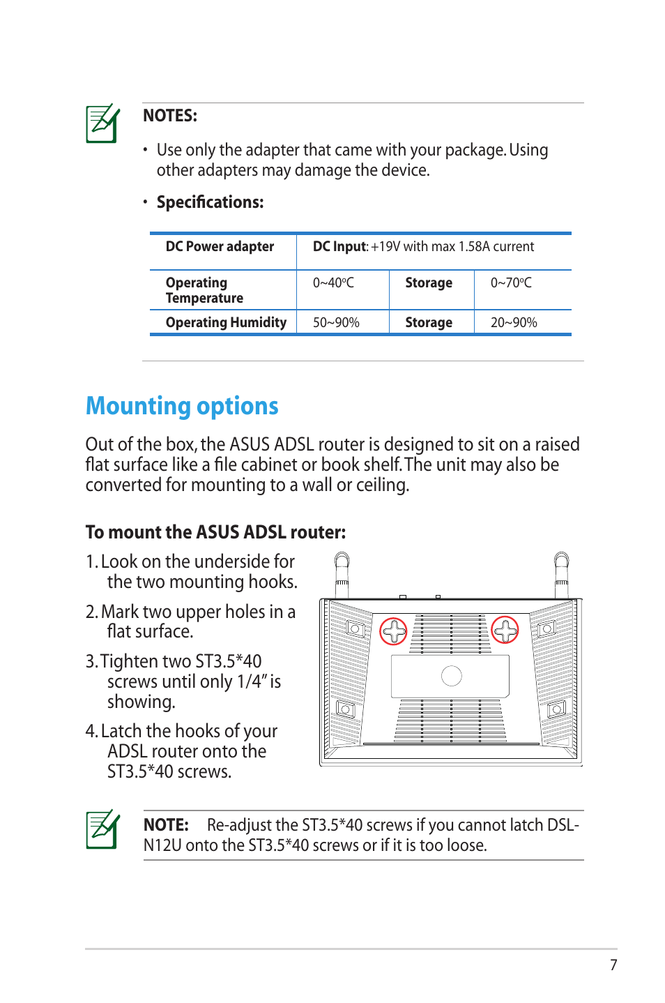 Mounting options | Asus DSL-N12U (VER.B1) User Manual | Page 7 / 60