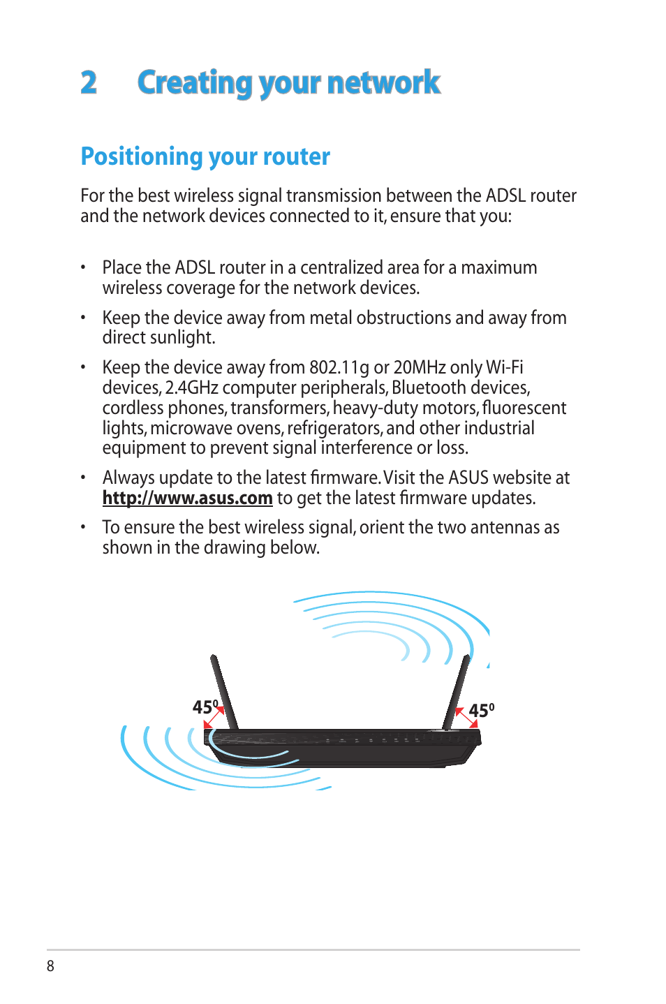 2 creating your network, Positioning your router | Asus DSL-N12U (VER.B1) User Manual | Page 8 / 60