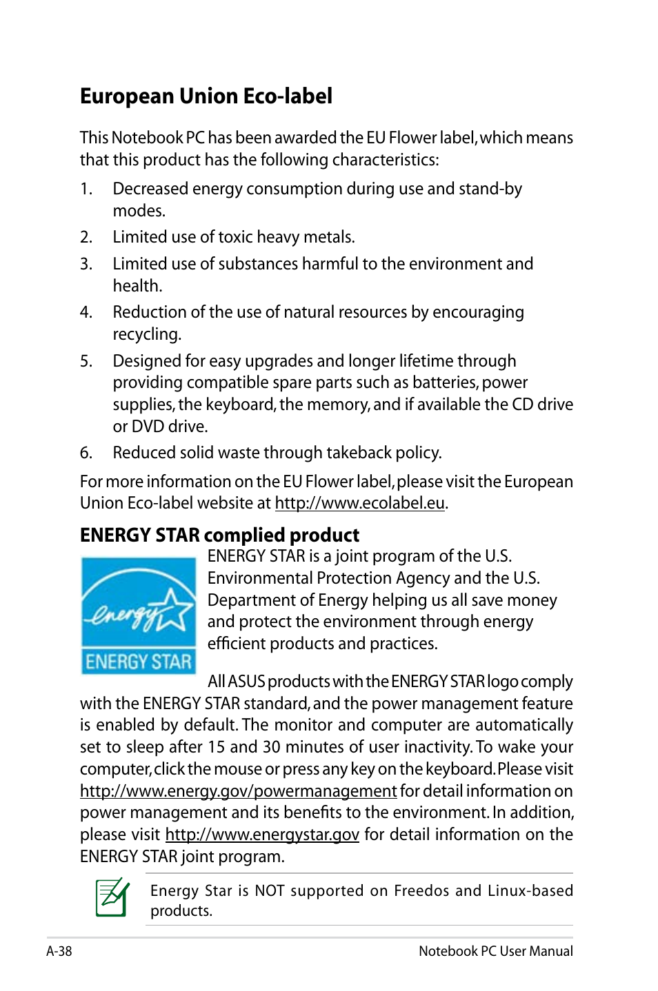 European union eco-label, Energy star complied product | Asus X75A User Manual | Page 110 / 116