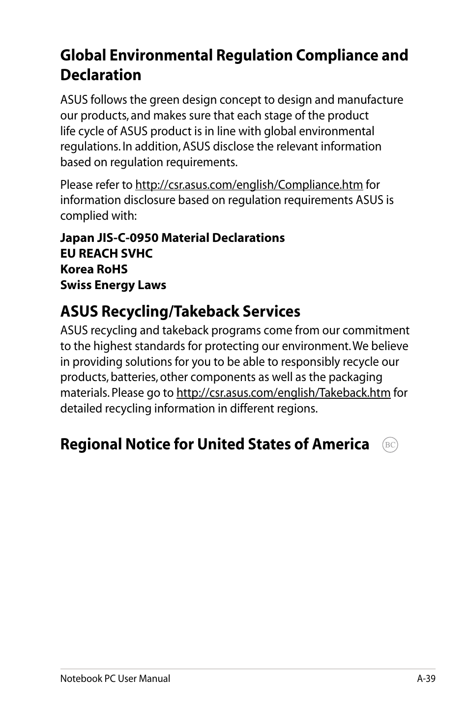 Asus recycling/takeback services, Regional notice for united states of america | Asus X75A User Manual | Page 111 / 116