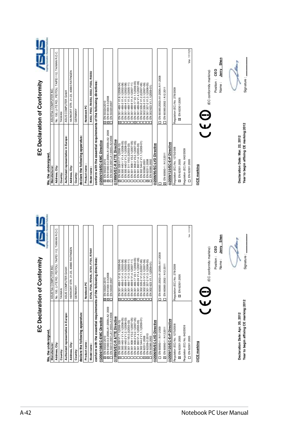 Ec declaration of conformity | Asus X75A User Manual | Page 114 / 116