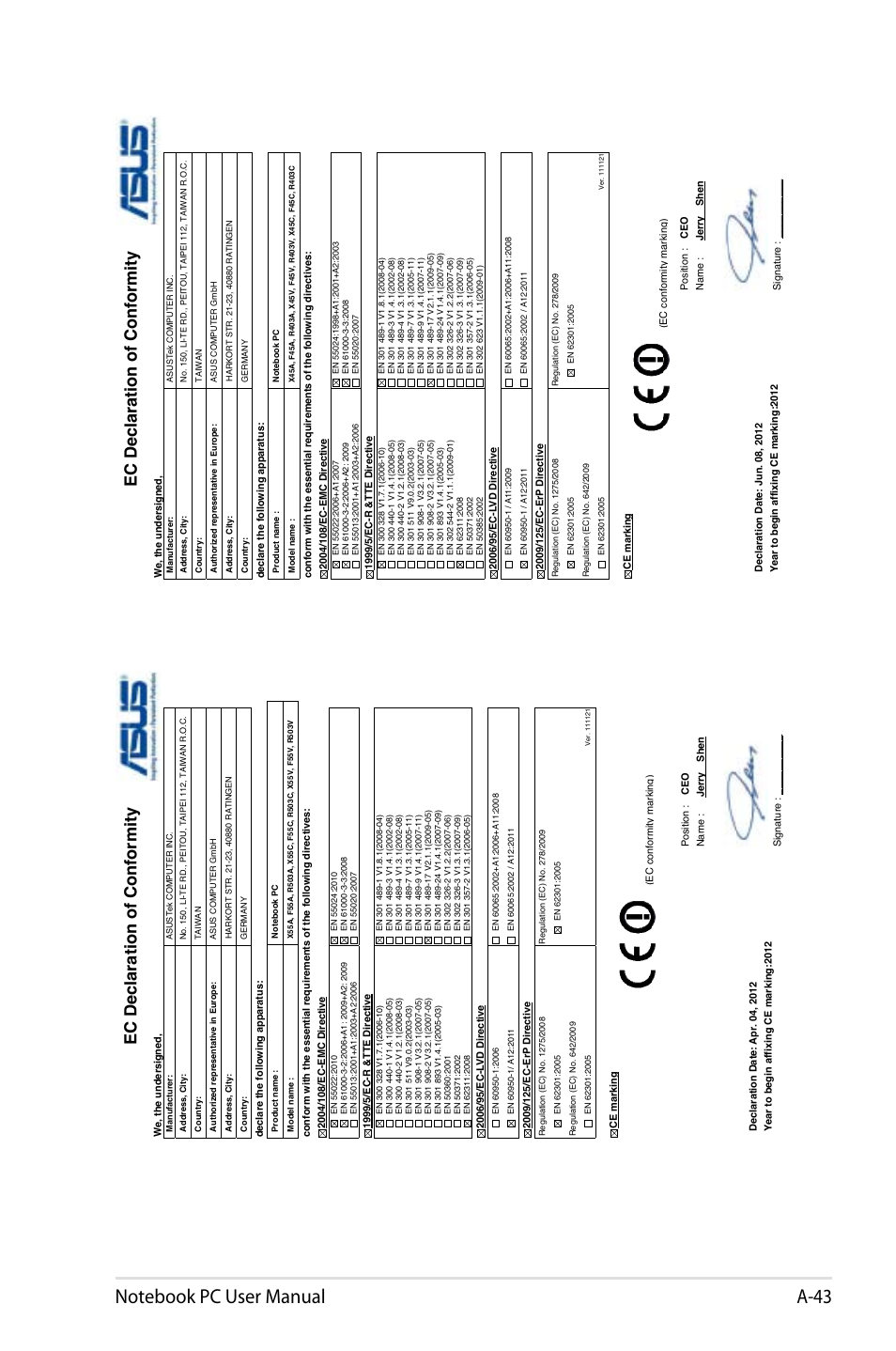 Ec declaration of conformity | Asus X75A User Manual | Page 115 / 116