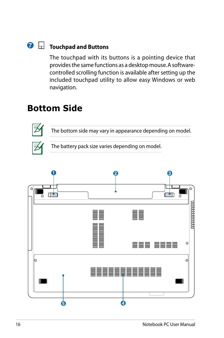 Bottom side | Asus X75A User Manual | Page 16 / 116