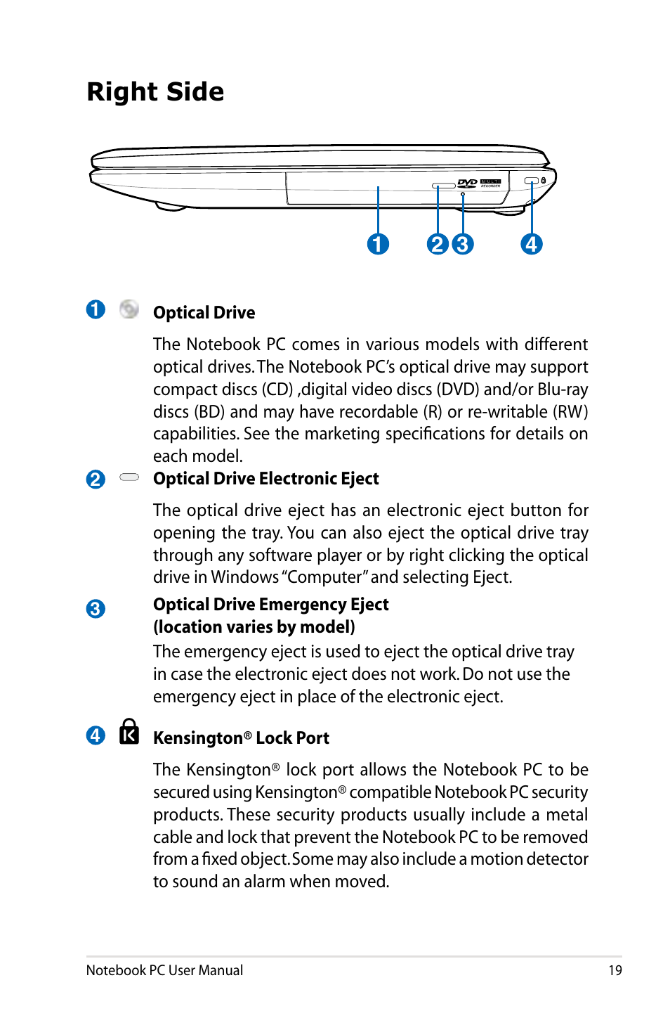 Right side | Asus X75A User Manual | Page 19 / 116