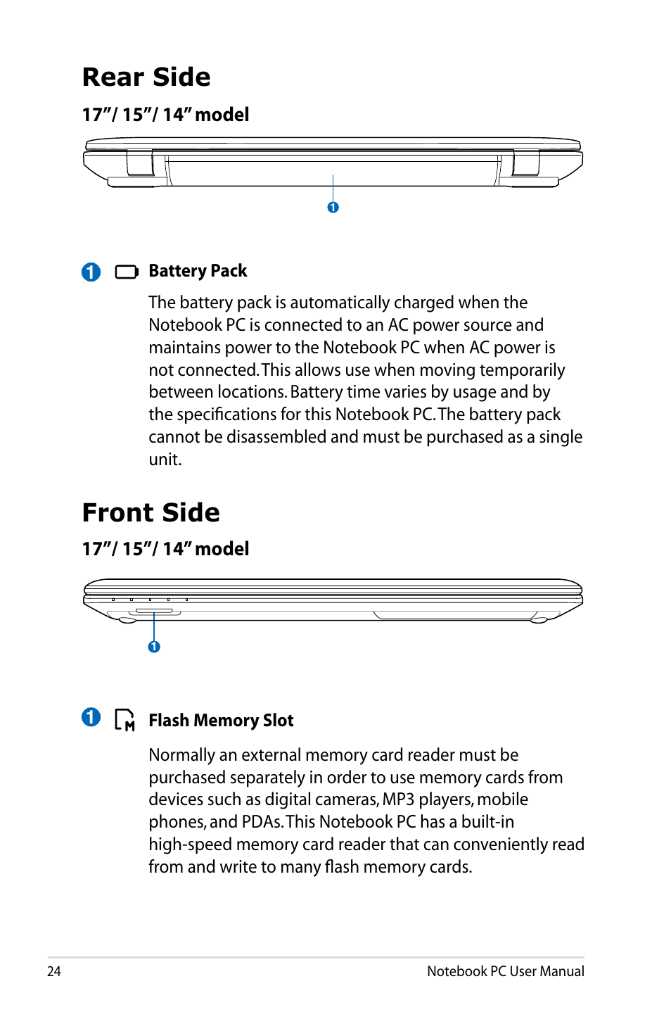 Rear side, Front side, Rear side front side | Asus X75A User Manual | Page 24 / 116