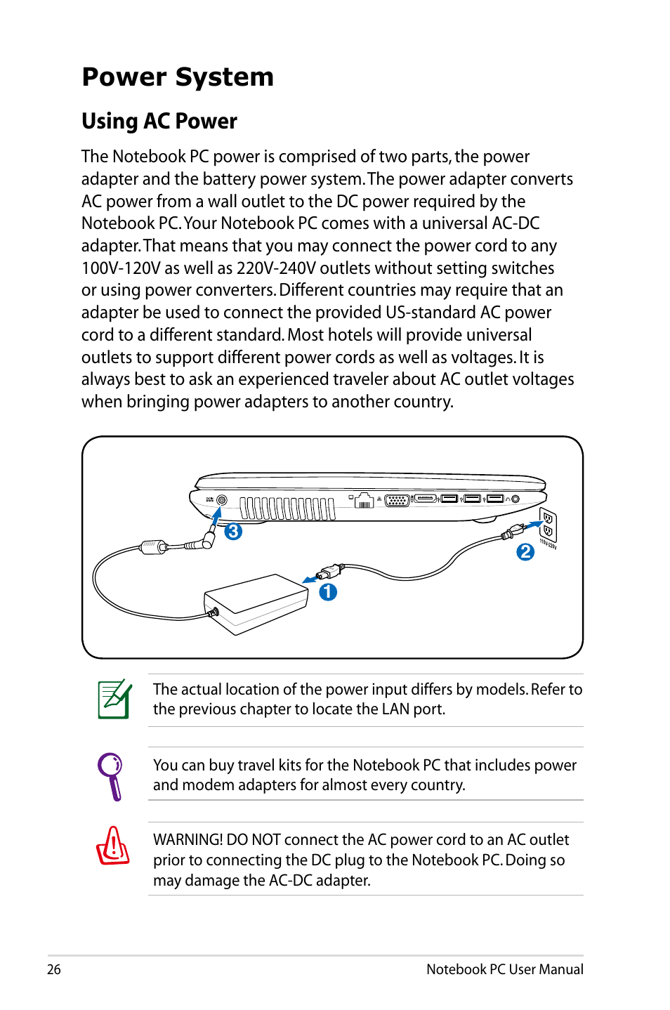 Power system, Using ac power | Asus X75A User Manual | Page 26 / 116