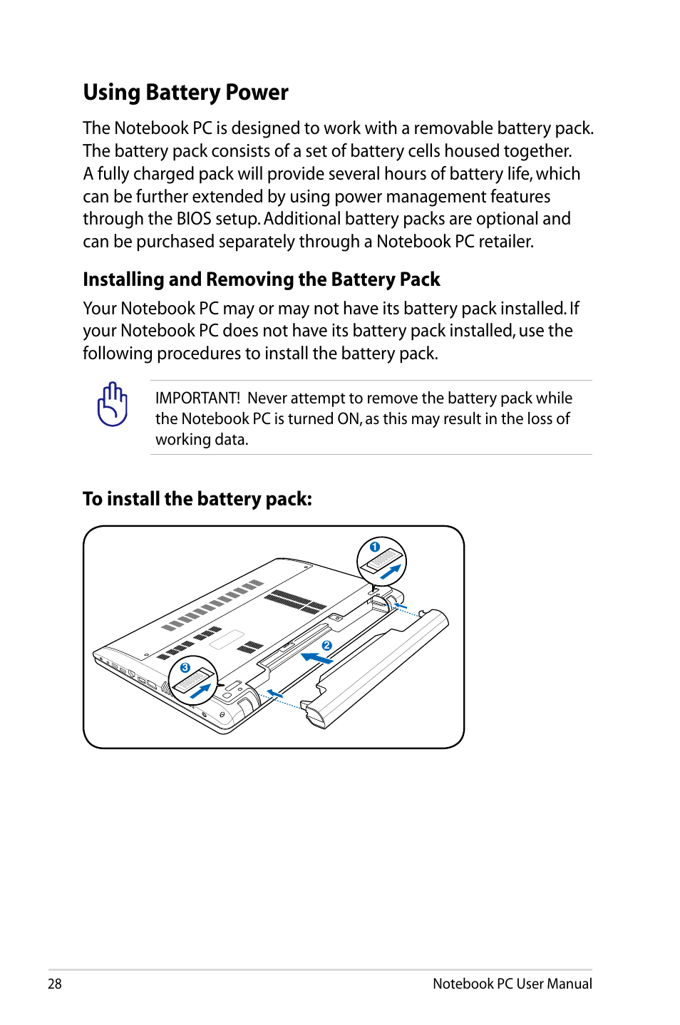 Using battery power, Installing and removing the battery pack | Asus X75A User Manual | Page 28 / 116