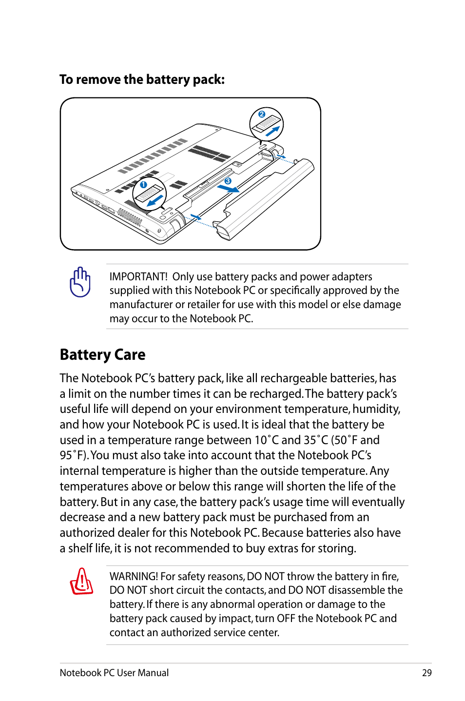 Battery care | Asus X75A User Manual | Page 29 / 116