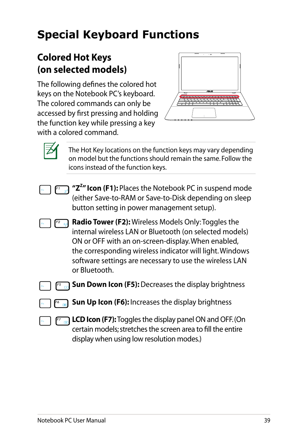 Special keyboard functions, Colored hot keys (on selected models) | Asus X75A User Manual | Page 39 / 116