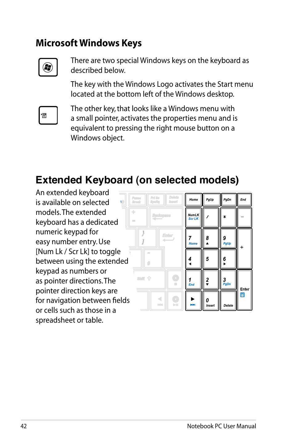 Microsoft windows keys, Extended keyboard (on selected models) | Asus X75A User Manual | Page 42 / 116