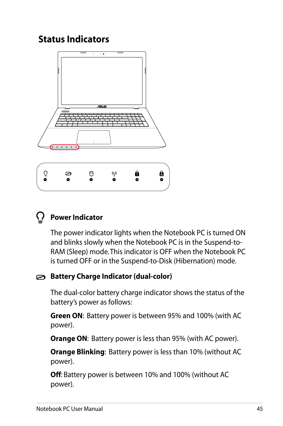 Status indicators | Asus X75A User Manual | Page 45 / 116