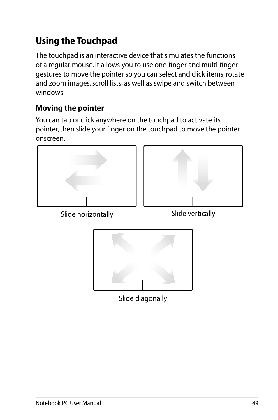 Using the touchpad | Asus X75A User Manual | Page 49 / 116