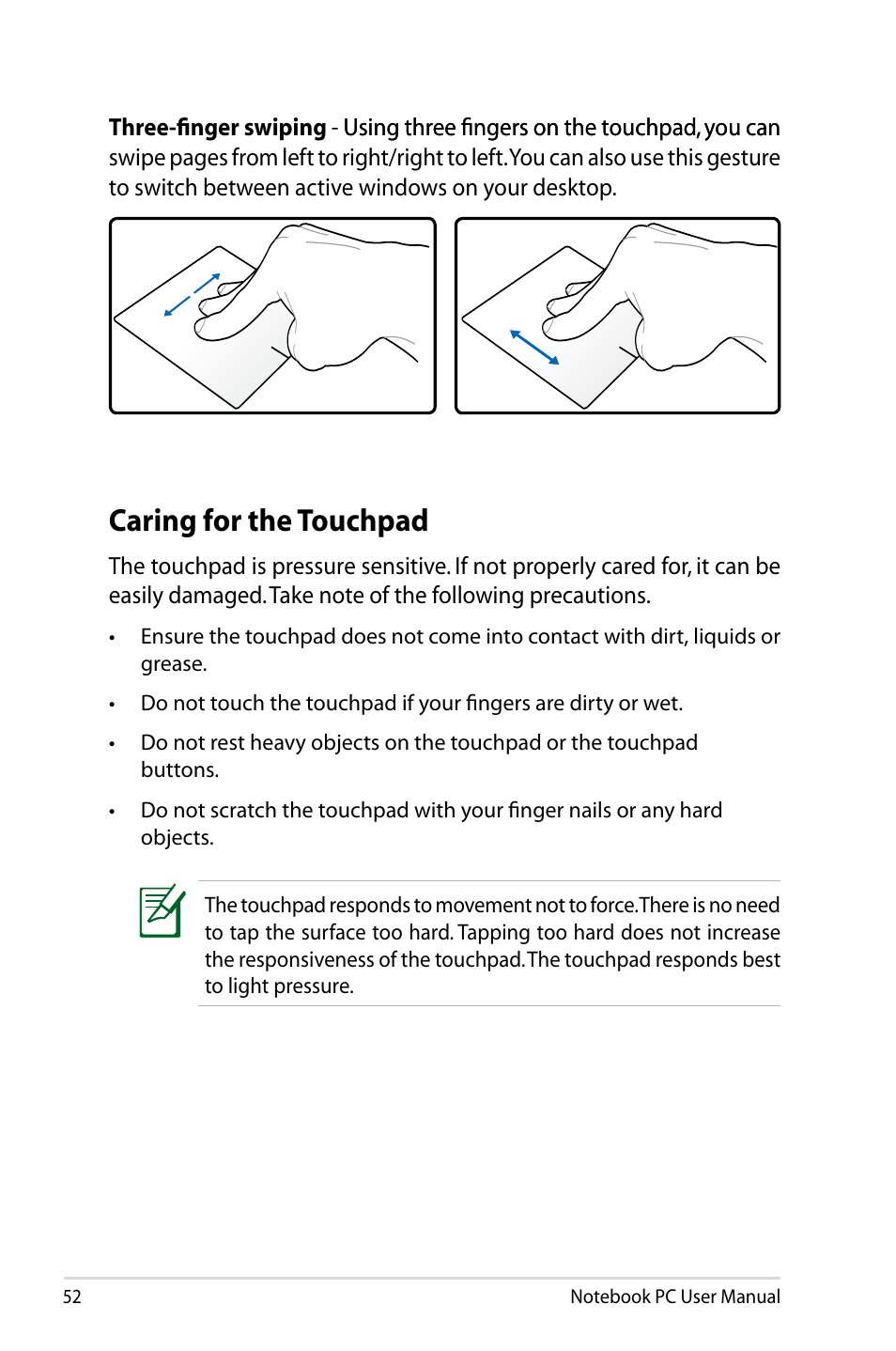 Caring for the touchpad | Asus X75A User Manual | Page 52 / 116